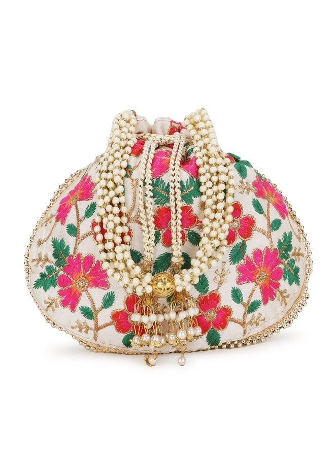 Anekaant Dangle Cream & Multi Floral Embroidered Faux Silk Potlis Combo (Pack of 2) ADCL1128AS2 - Image 2